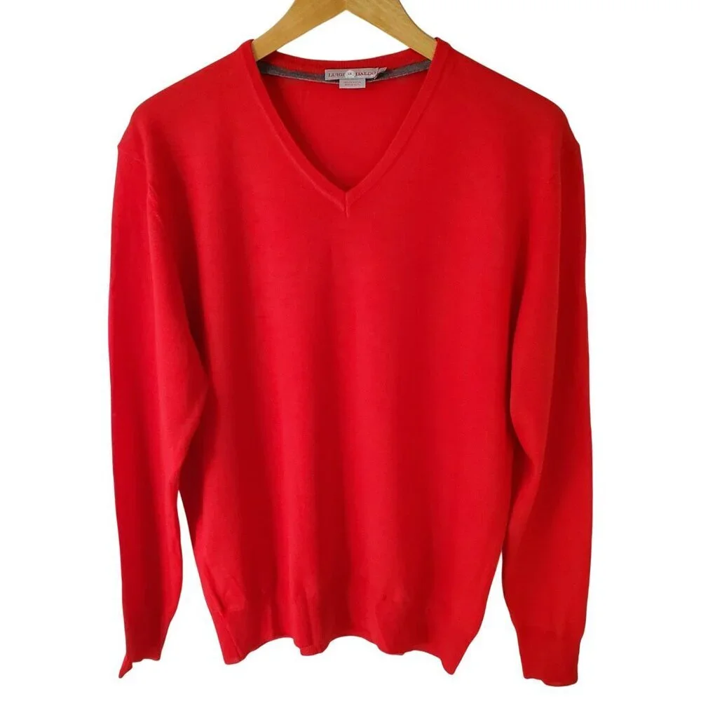 Luigi Baldo V Neck 100% Extra Fine Merino Wool Red Sweater Size M
